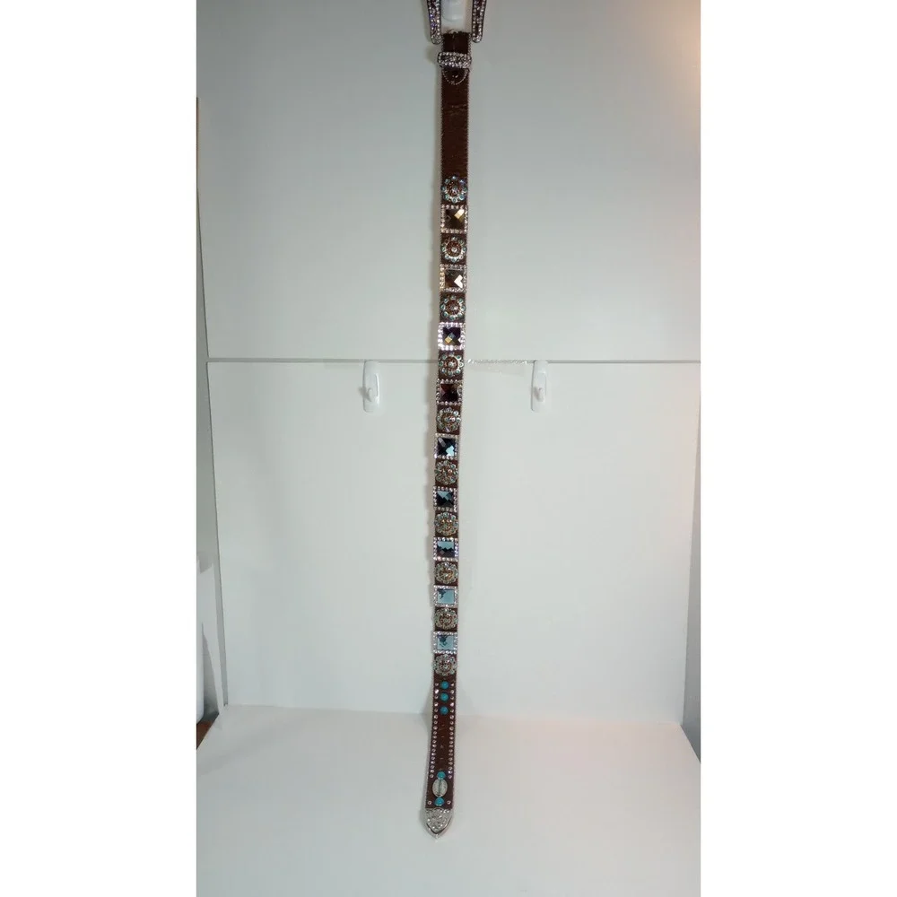 WB Atlas Brown Leather Blue Crystal Jeweled Western Belt Silver Buckle XL 48